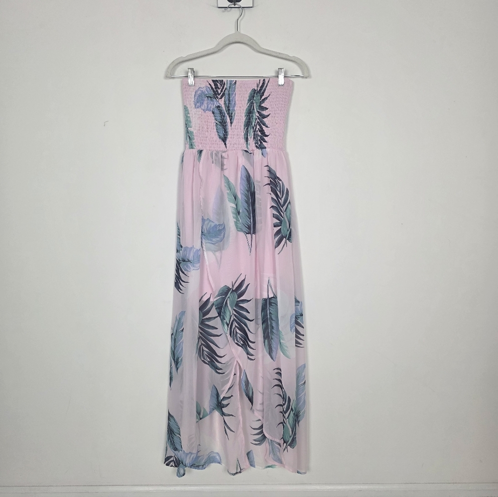 Pink Strapless Floral Maxi Dress with Smocked Bodice